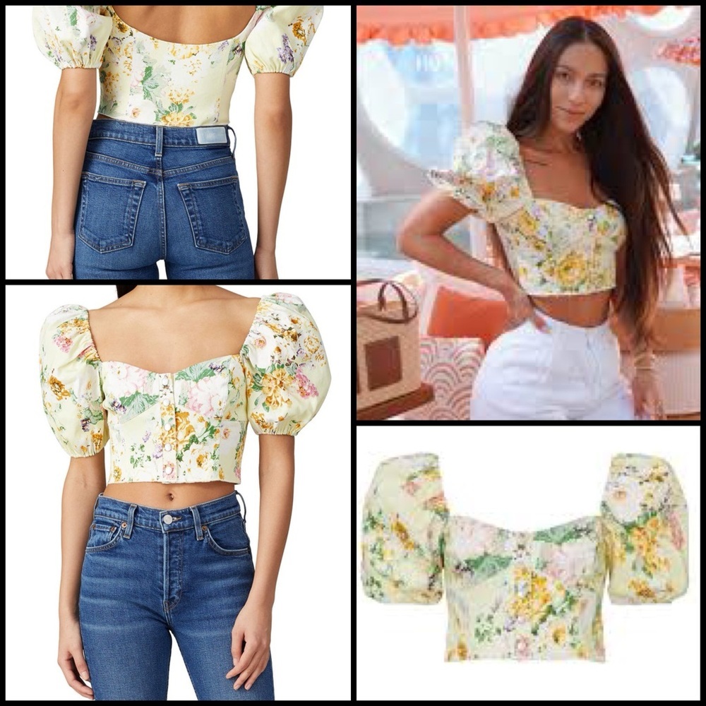For Love & Lemon Chamomile Denim Floral Puff Sleeve Crop Buttercreme Top Size S